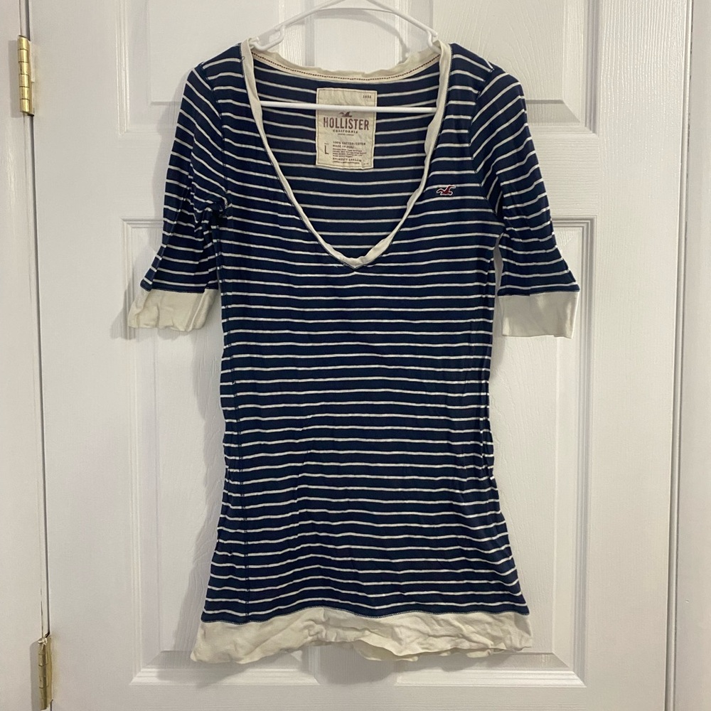 Hollister navy/white striped Y2K nautical preppy 3/4 sleeve layering top size L